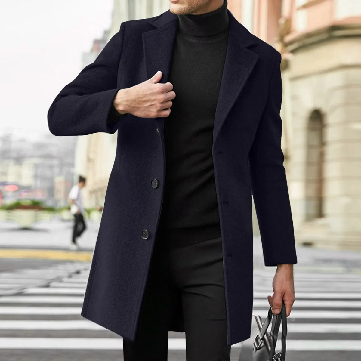 Wool Coat Mens Single Breasted Notch Lapel Mid Length Overcoat