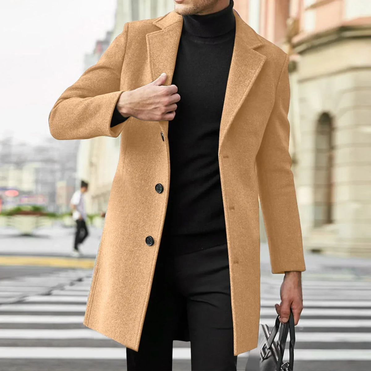 Wool Coat Mens Single Breasted Notch Lapel Mid Length Overcoat