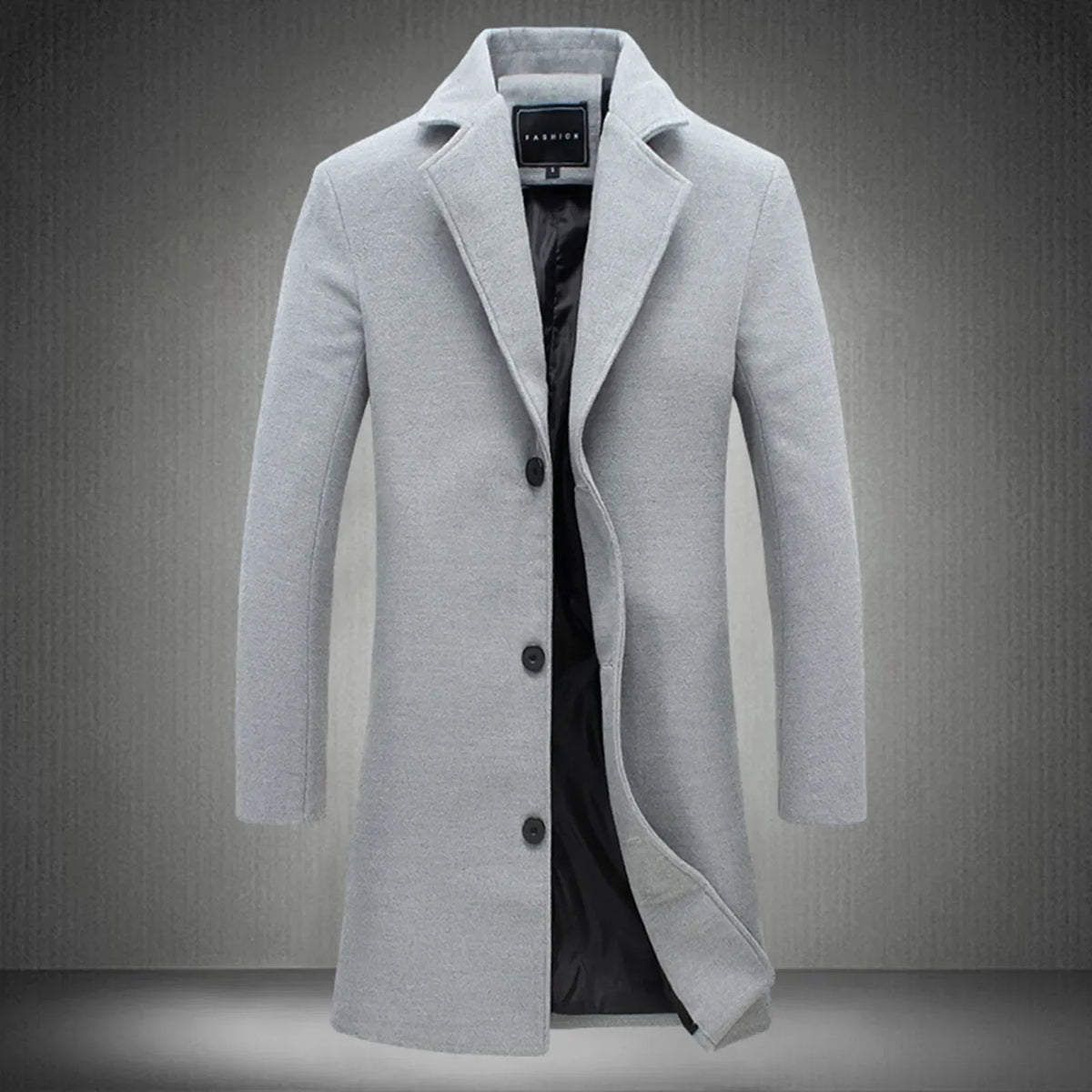 Wool Coat Mens Single Breasted Notch Lapel Mid Length Overcoat