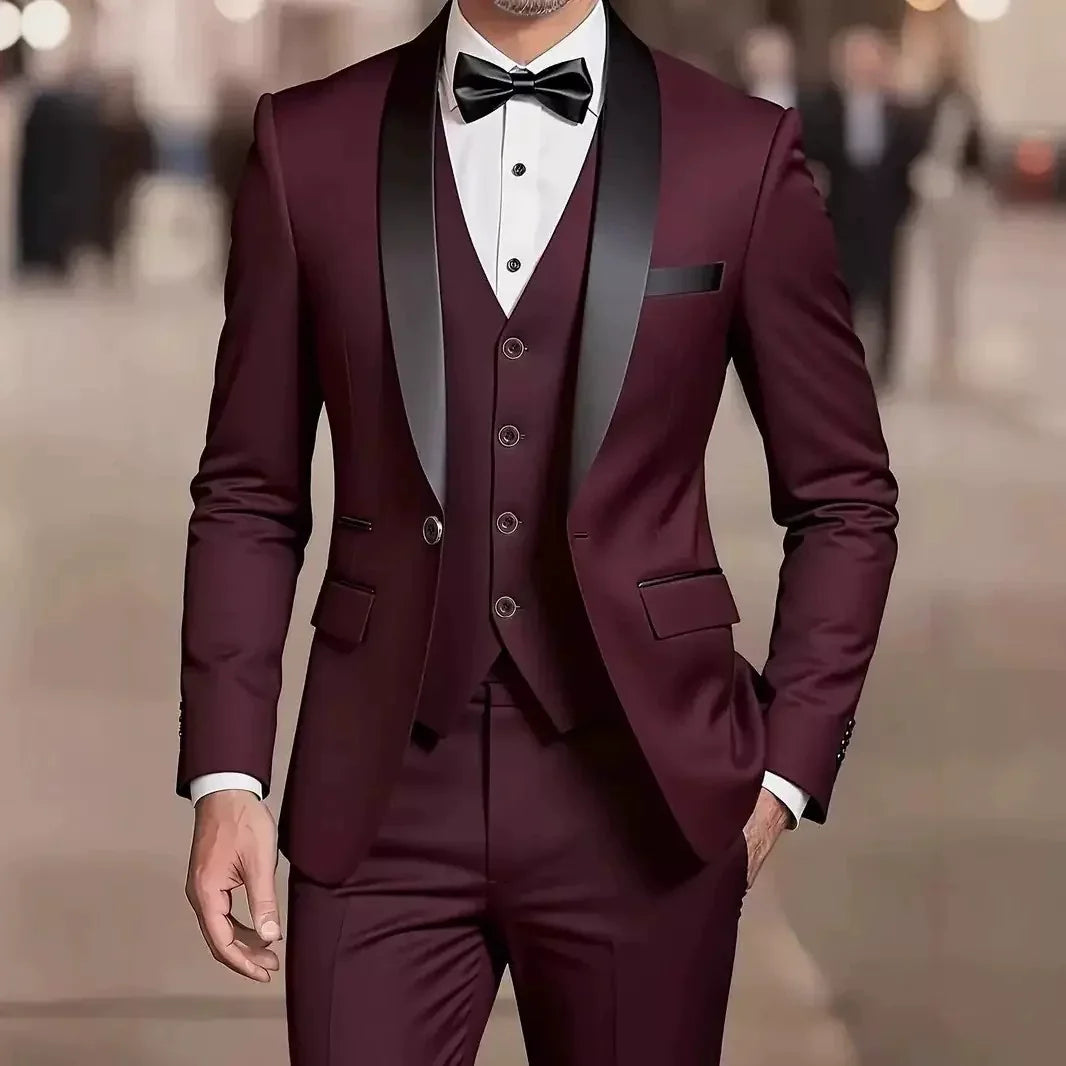 Tuxedo Mens Three Piece Shawl Collar Contrast Lapel Waistcoat Formal