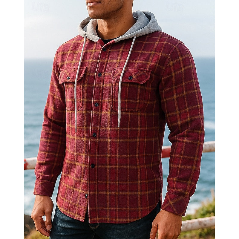 Flannel Shirt Jacket Mens Hooded Plaid Button Front Warm Overshirt