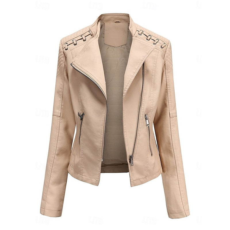 Leather Jacket Womens Faux Biker Tailored Zip Front Fitted Moto