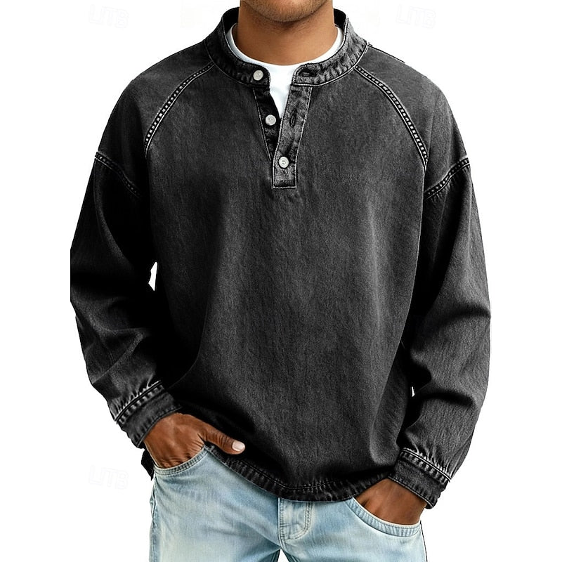 Henley Shirt Mens Washed Cotton Long Sleeve Relaxed Lived In Feel