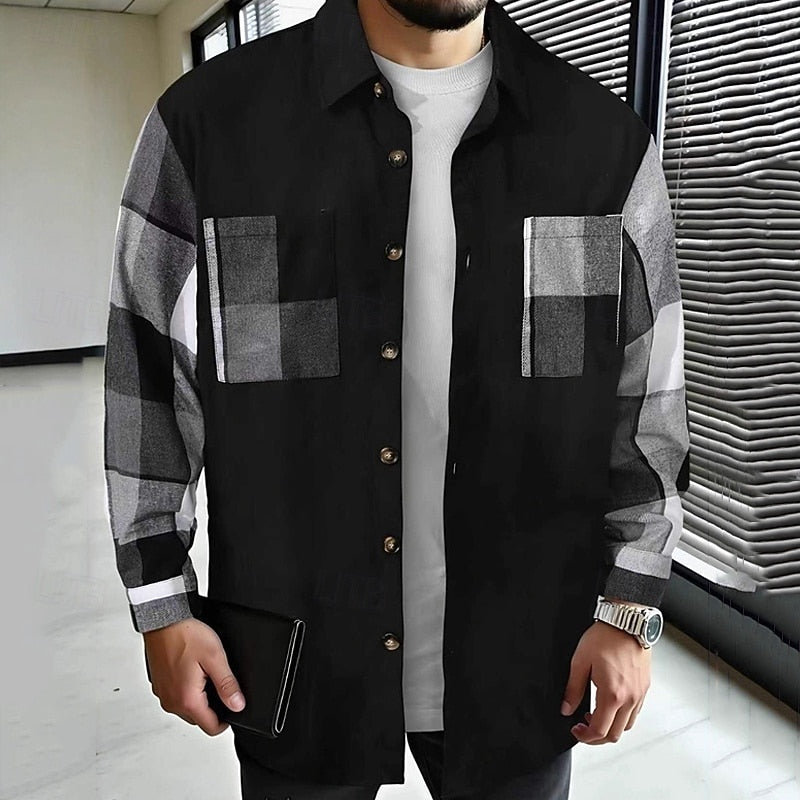 Shirt Jacket Mens Patchwork Panel Button Front Overshirt Layering