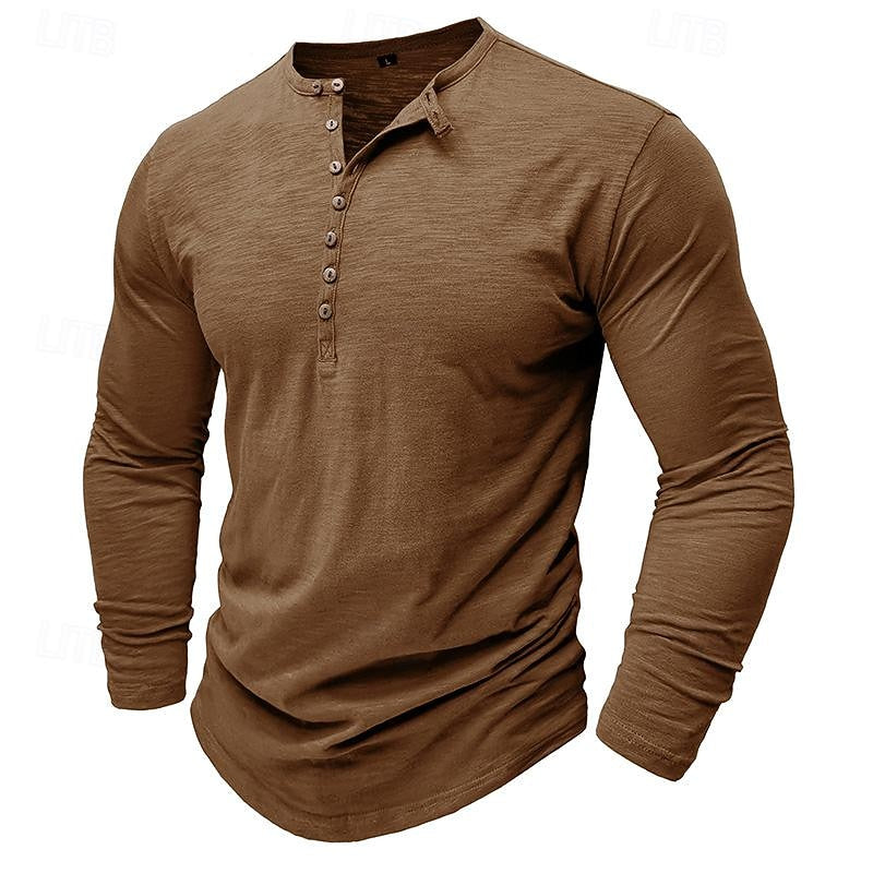 Henley Shirt Mens Long Sleeve Button Placket Cotton Classic Fit