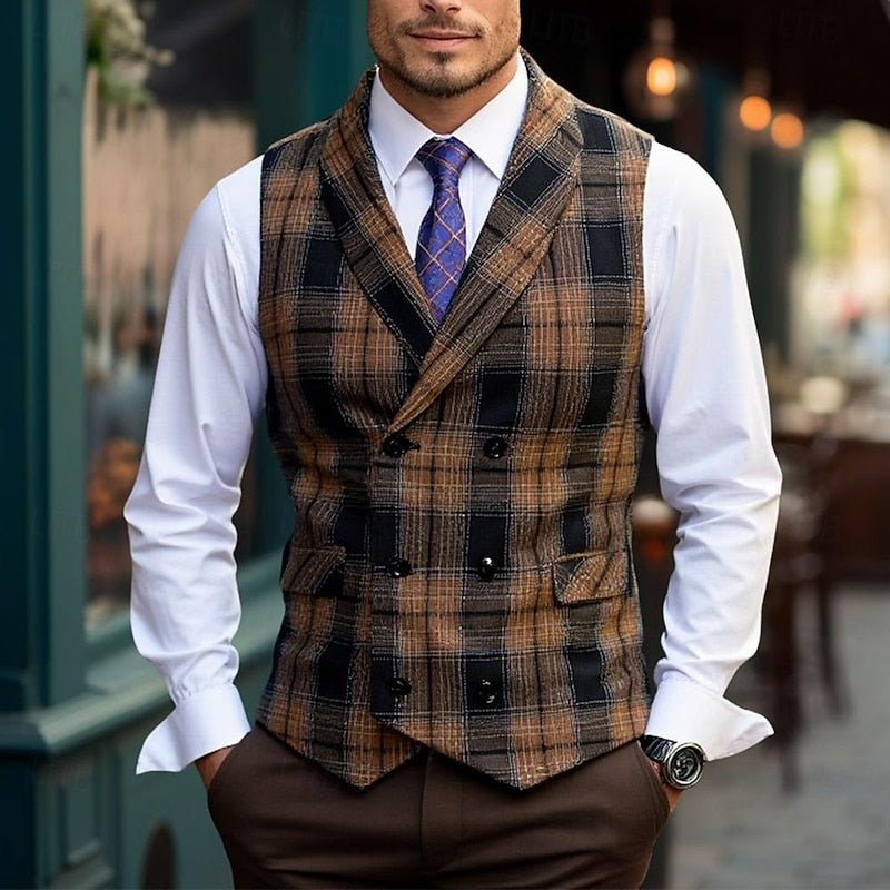 Suit Vest Mens Plaid Check Tailored V Neck Button Front Business