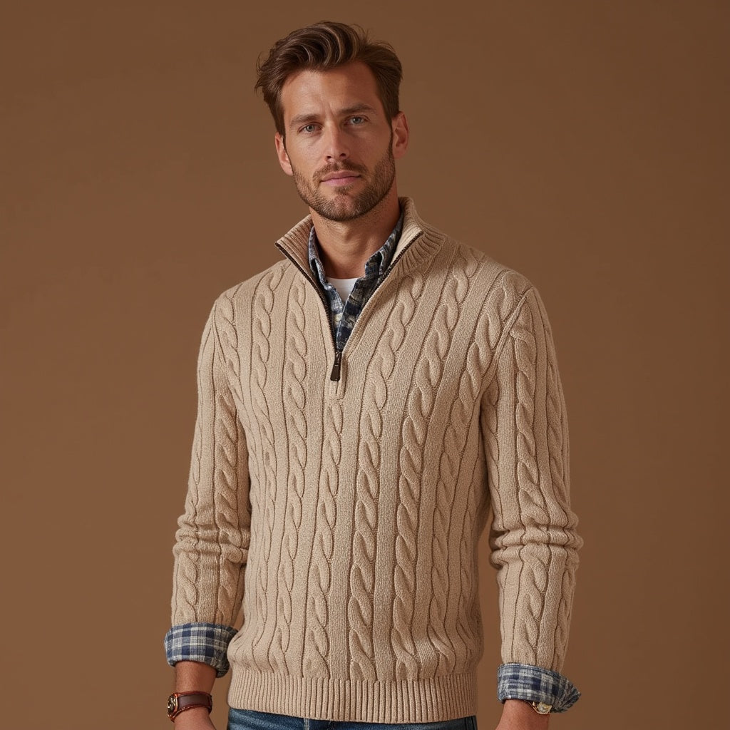 Fall Cable Knit Stand Collar Quarter Zip Sweater for Men