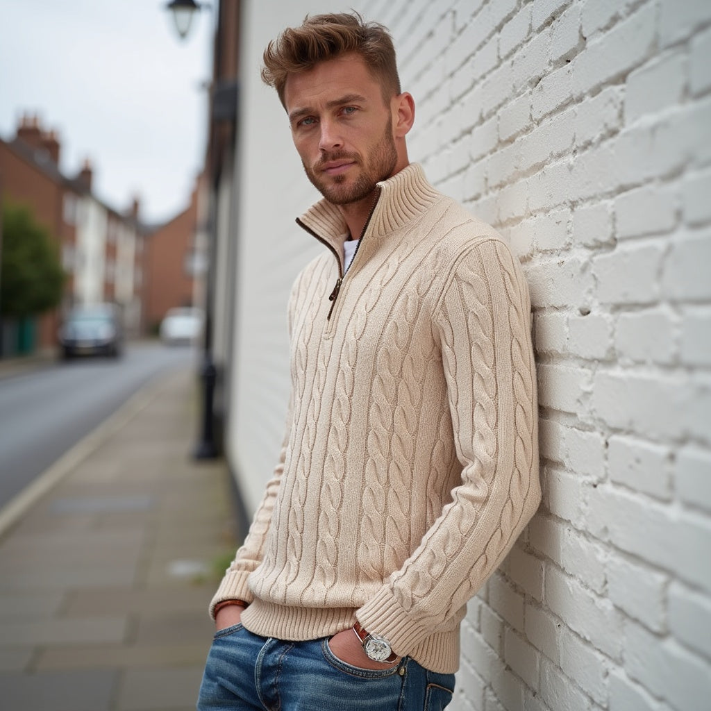 Fall Cable Knit Stand Collar Quarter Zip Sweater for Men in Apricot