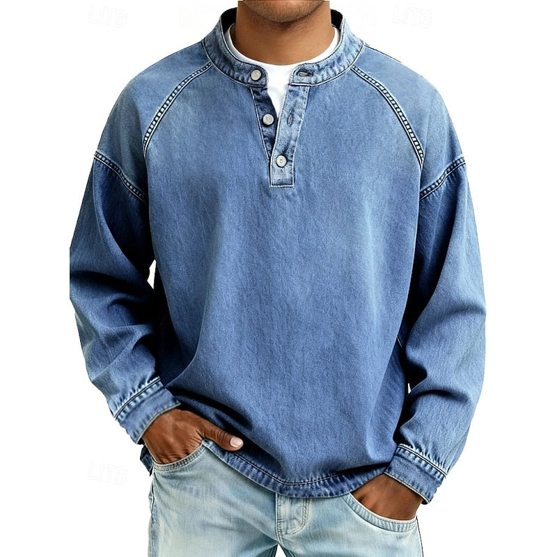 Henley Shirt Mens Washed Cotton Long Sleeve Relaxed Lived In Feel