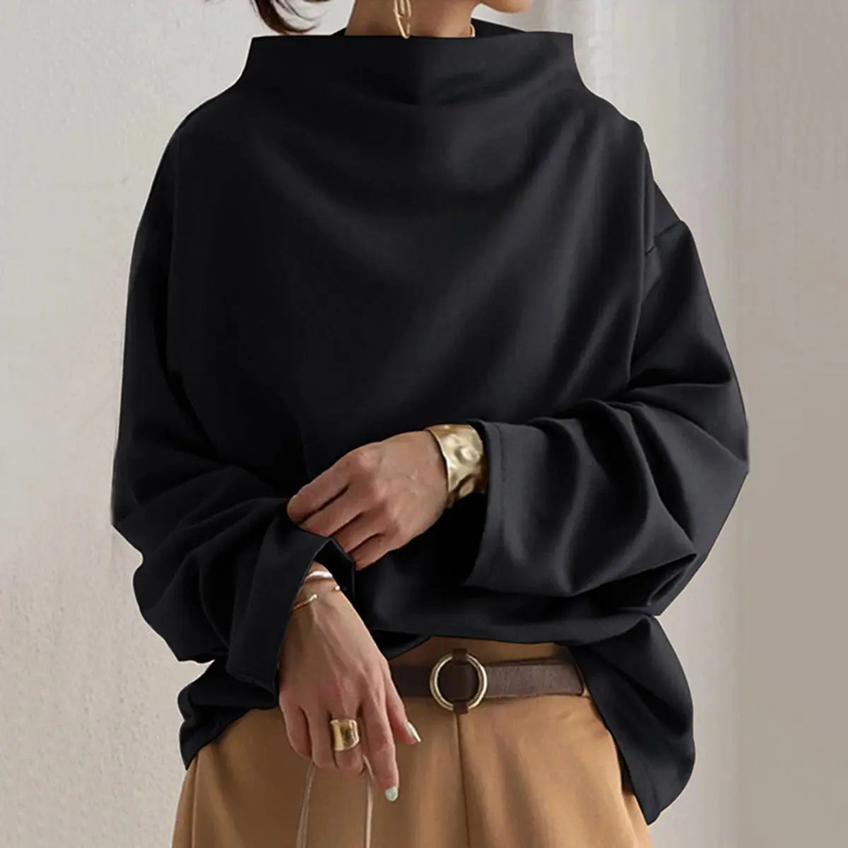 Turtleneck Top Womens High Neck Structured Long Sleeve Fitted