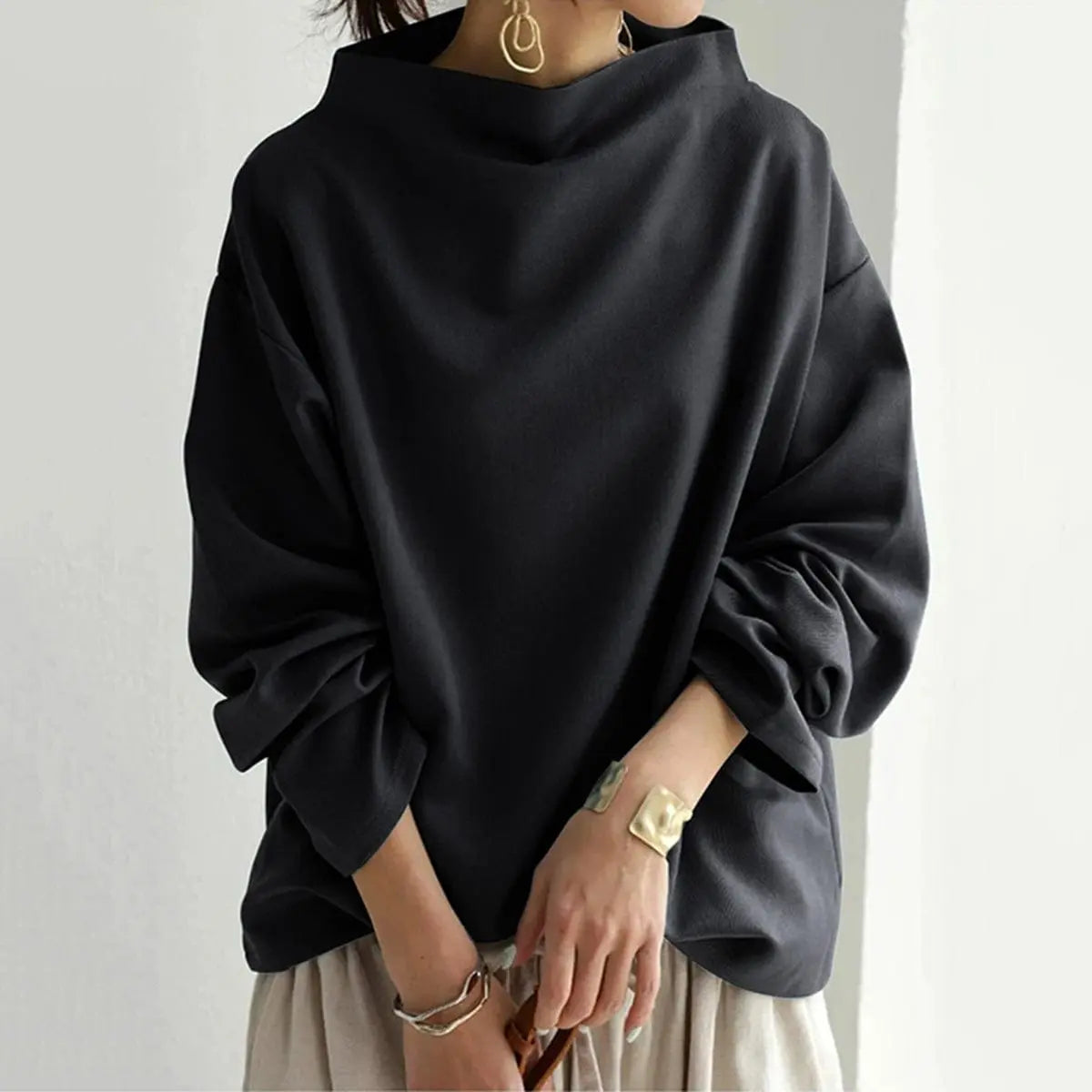 Turtleneck Top Womens High Neck Structured Long Sleeve Fitted