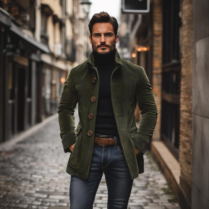 Fall Corduroy Stand Collar Button Front Short Coat for Men