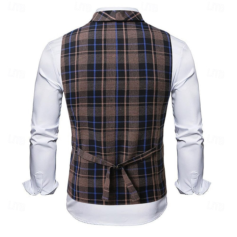 Suit Vest Mens Plaid Check Tailored V Neck Button Front Business