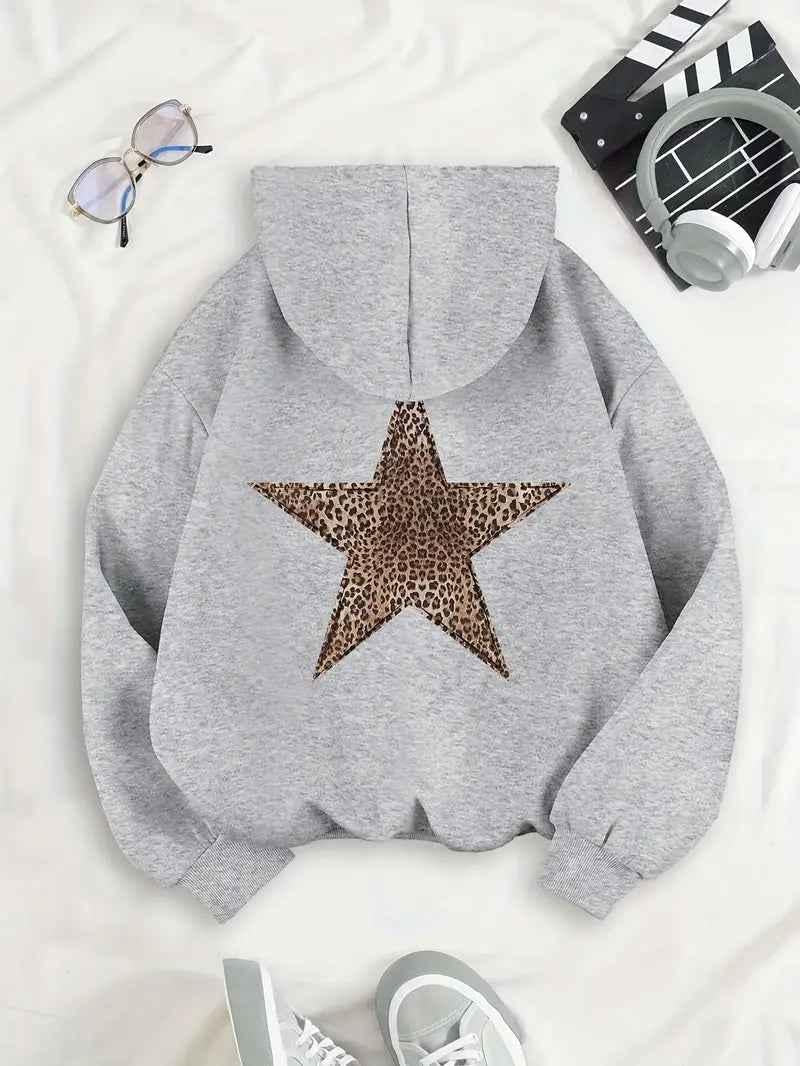 Hoodie Womens Fleece Pullover Drawstring Kangaroo Pocket Star Print