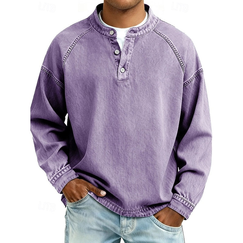 Henley Shirt Mens Washed Cotton Long Sleeve Relaxed Lived In Feel