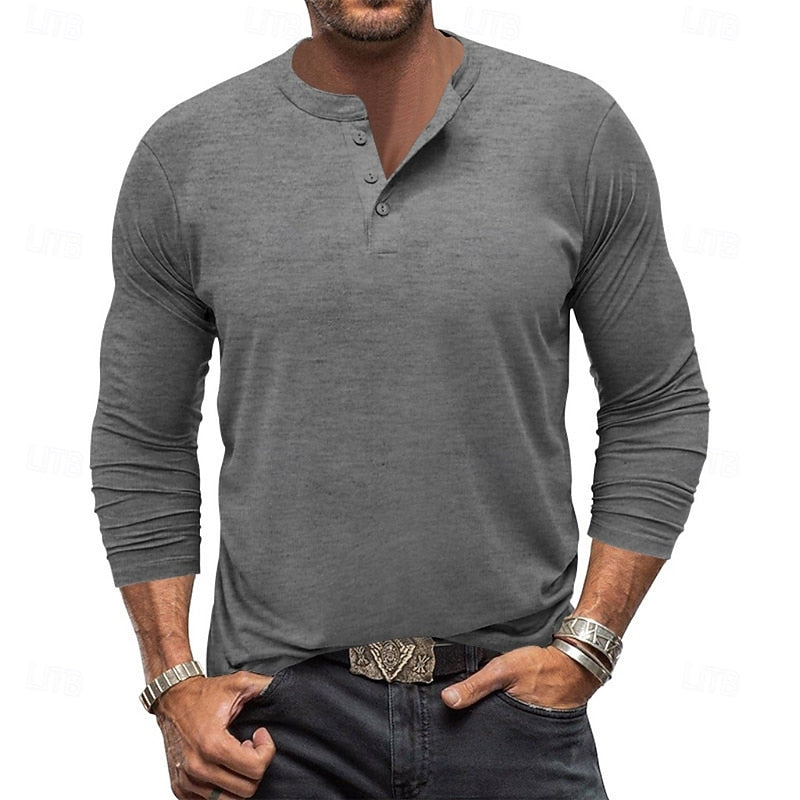 Henley Shirt Mens Long Sleeve Plain Placket Smooth Knit Everyday