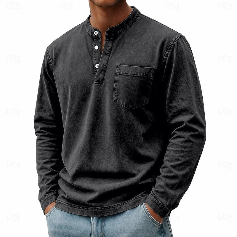 Henley Shirt Mens Vintage Washed Long Sleeve Button Placket Faded