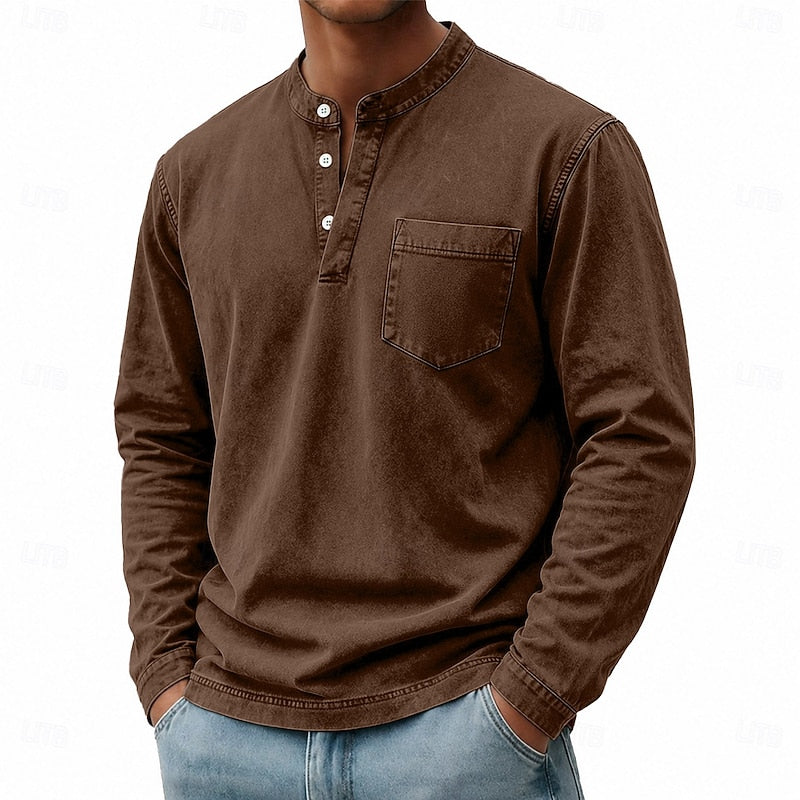 Henley Shirt Mens Vintage Washed Long Sleeve Button Placket Faded