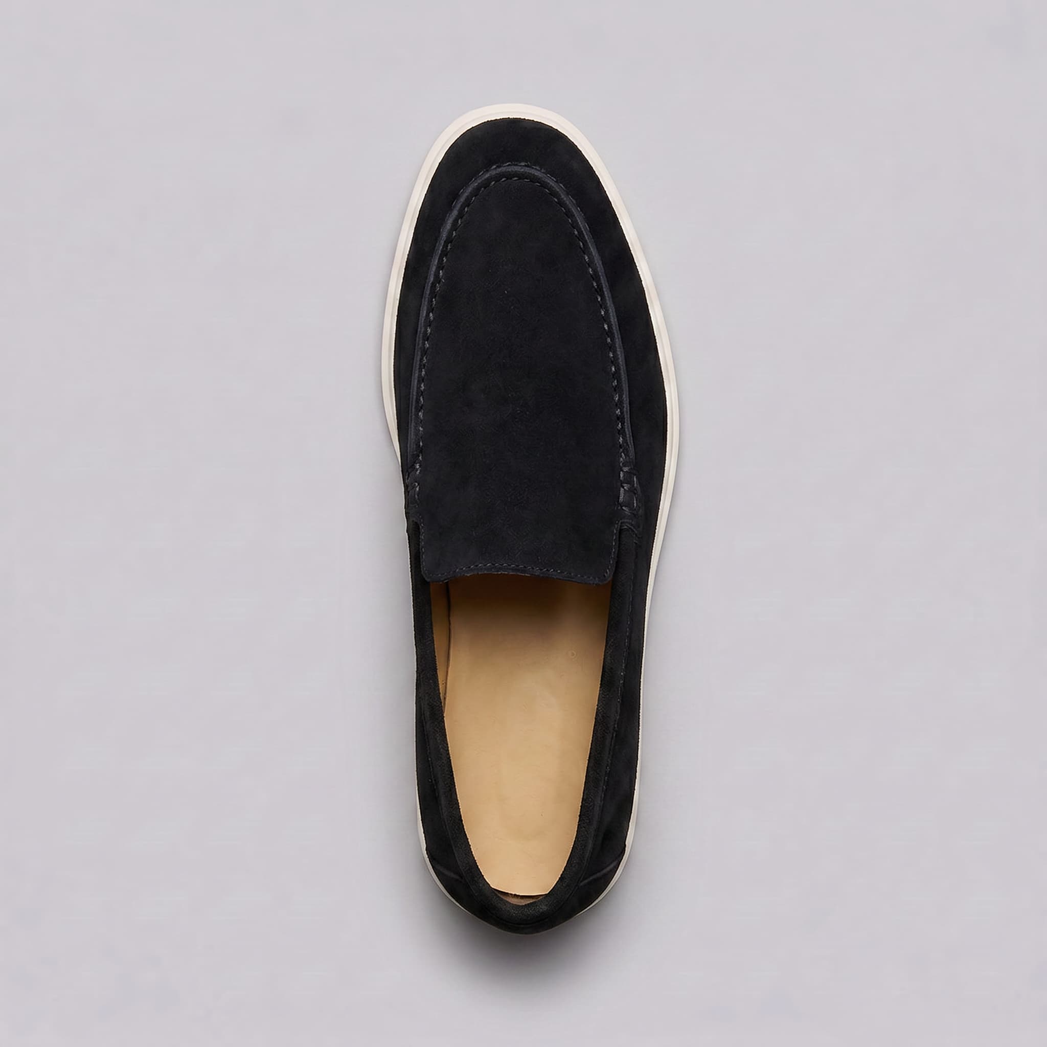 Sheepskin suede loafer with white rubber sole, view 35