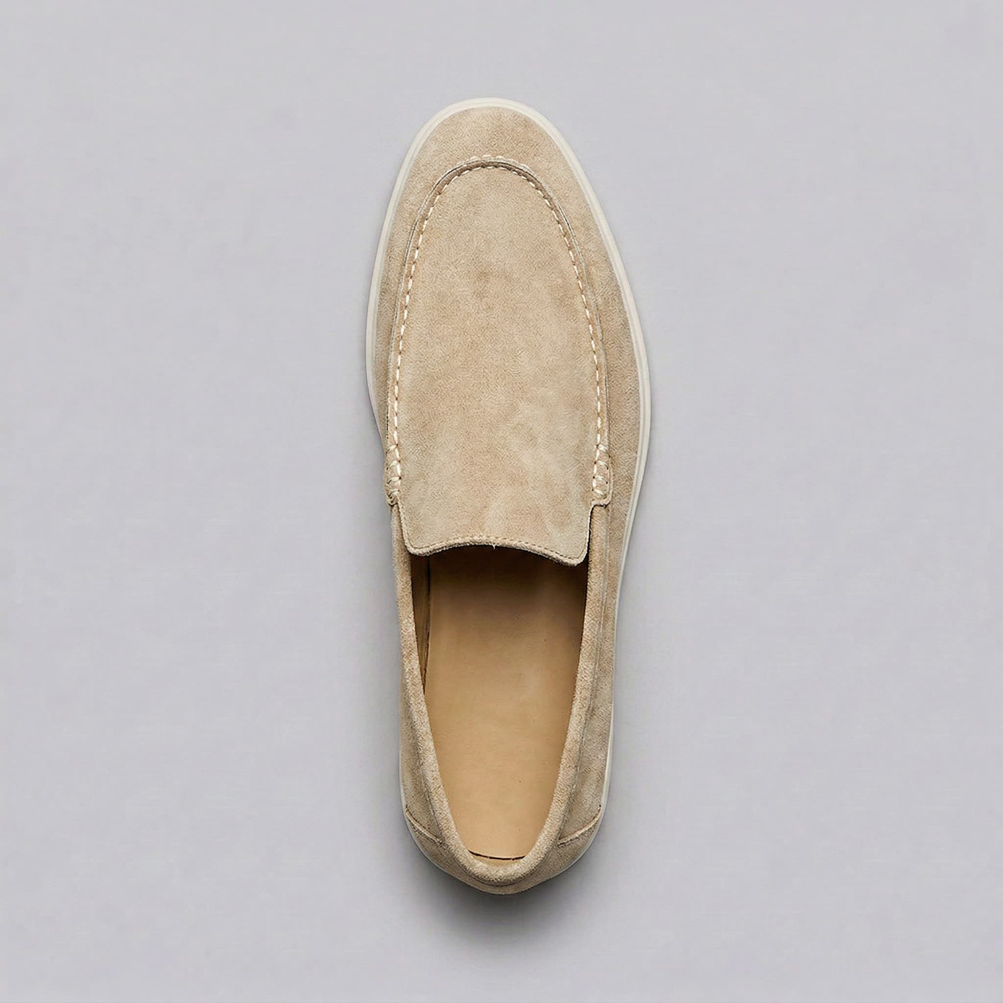 Sheepskin suede loafer with white rubber sole, view 2