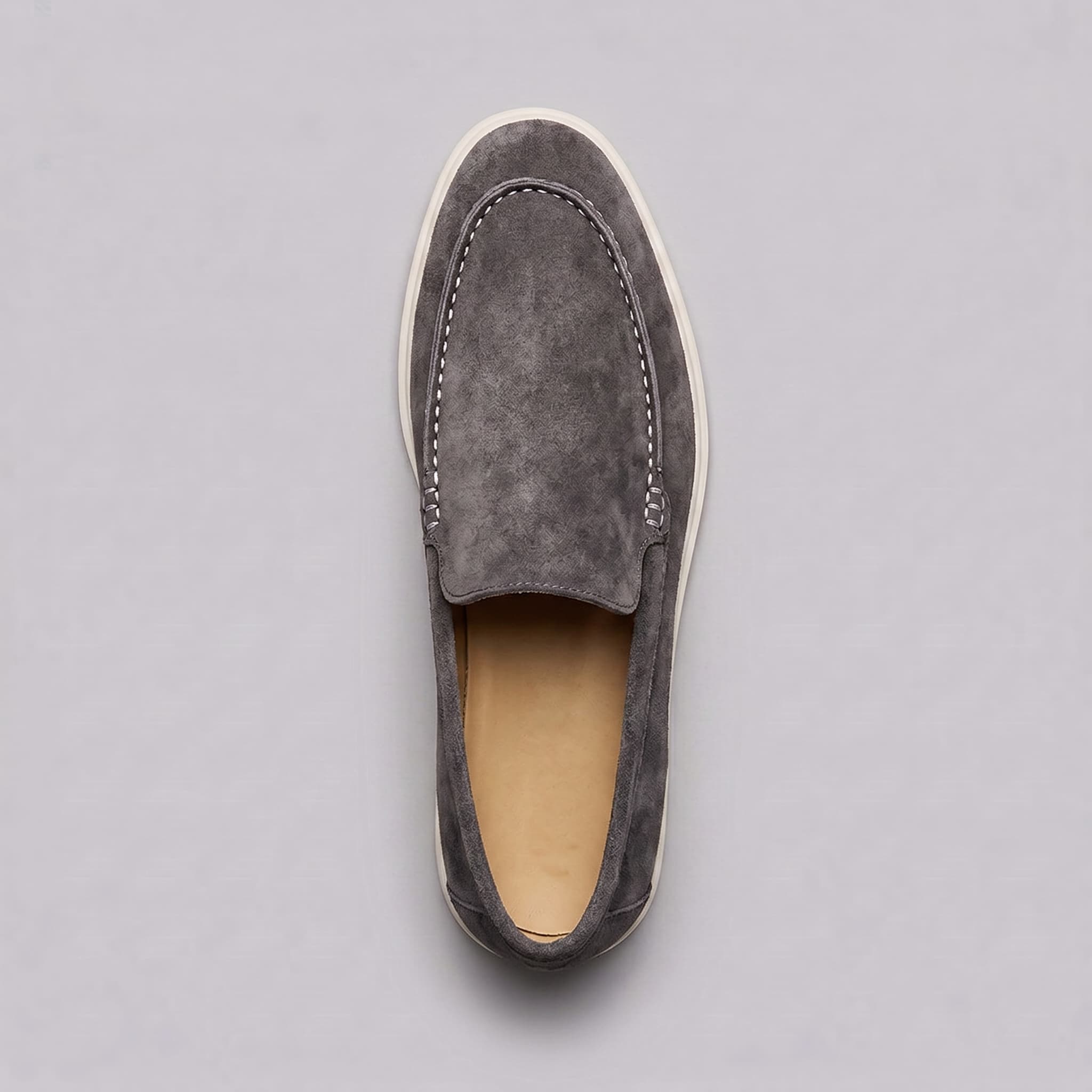 Sheepskin suede loafer with white rubber sole, view 15