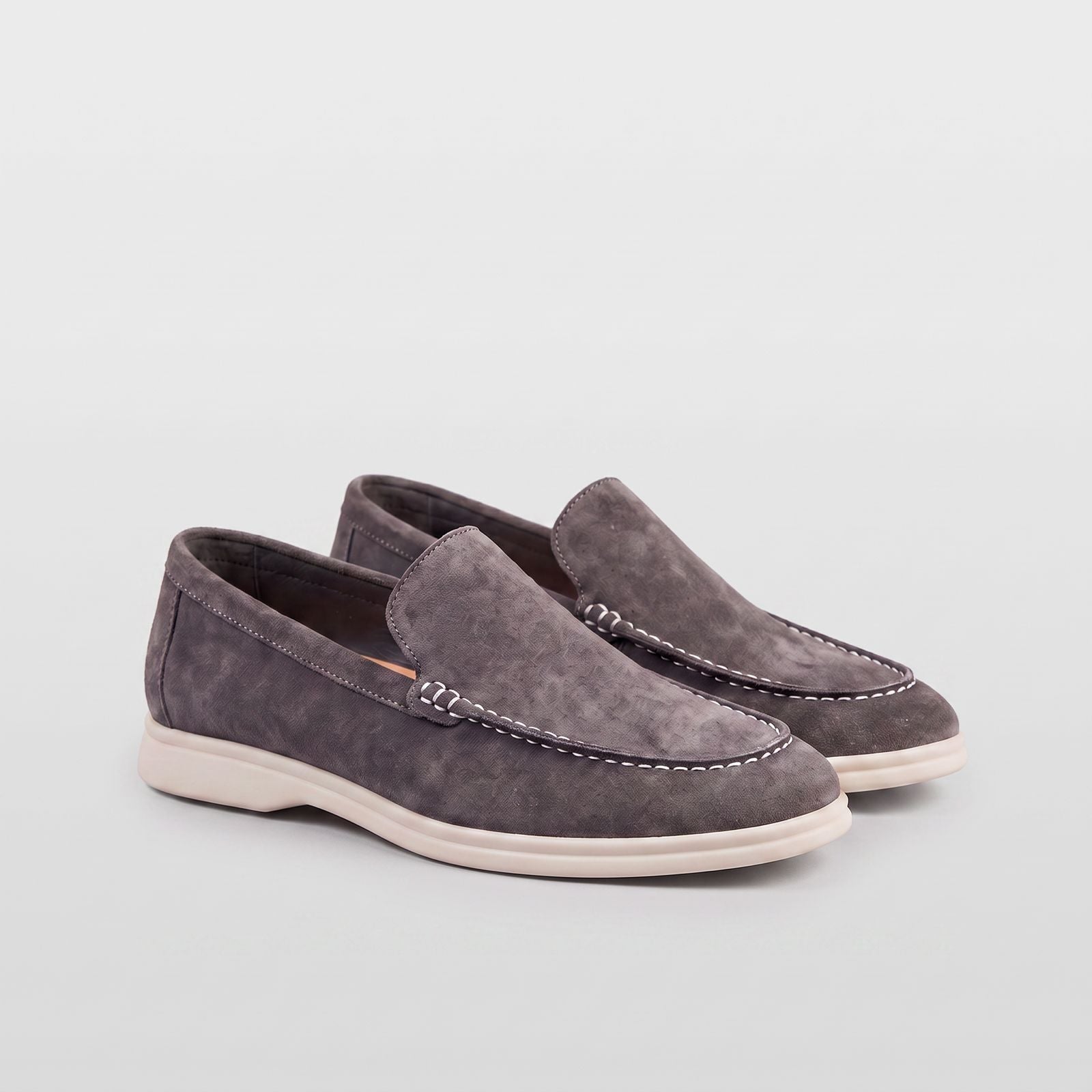 Sheepskin suede loafer with white rubber sole, view 17