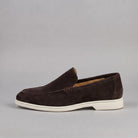 Sheepskin suede loafer with white rubber sole in espresso