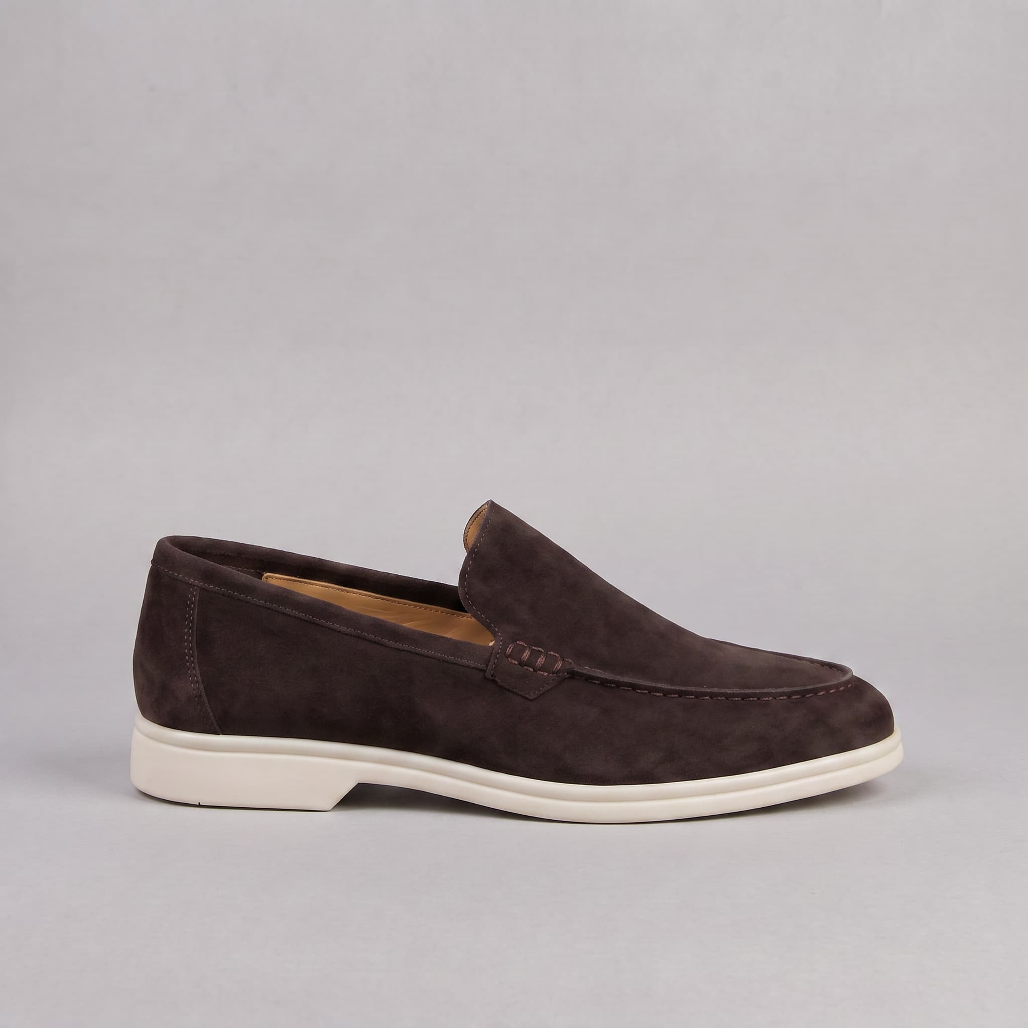 Sheepskin suede loafer with white rubber sole, view 42
