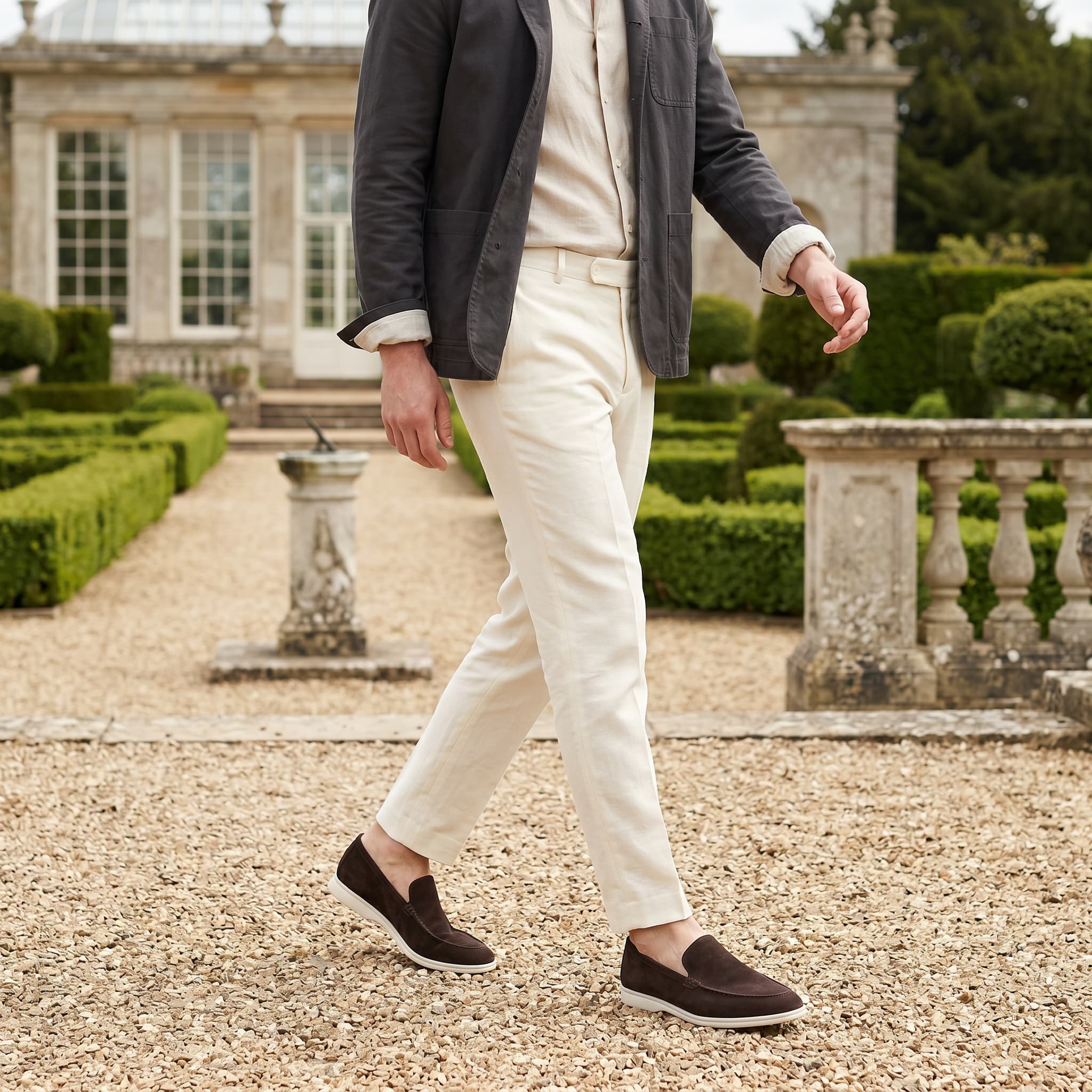Sheepskin suede loafer with white rubber sole, view 44