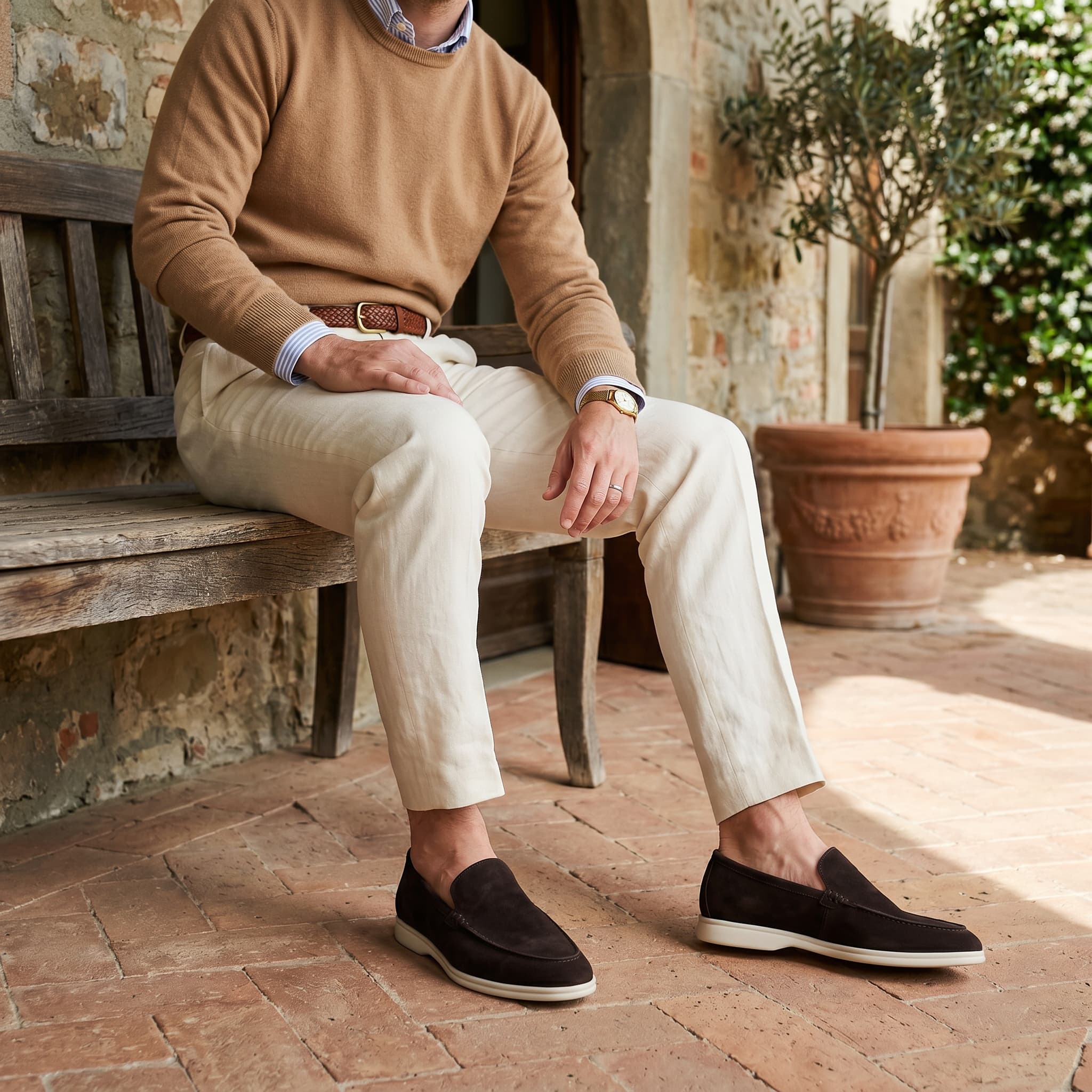 Sheepskin suede loafer with white rubber sole, view 47