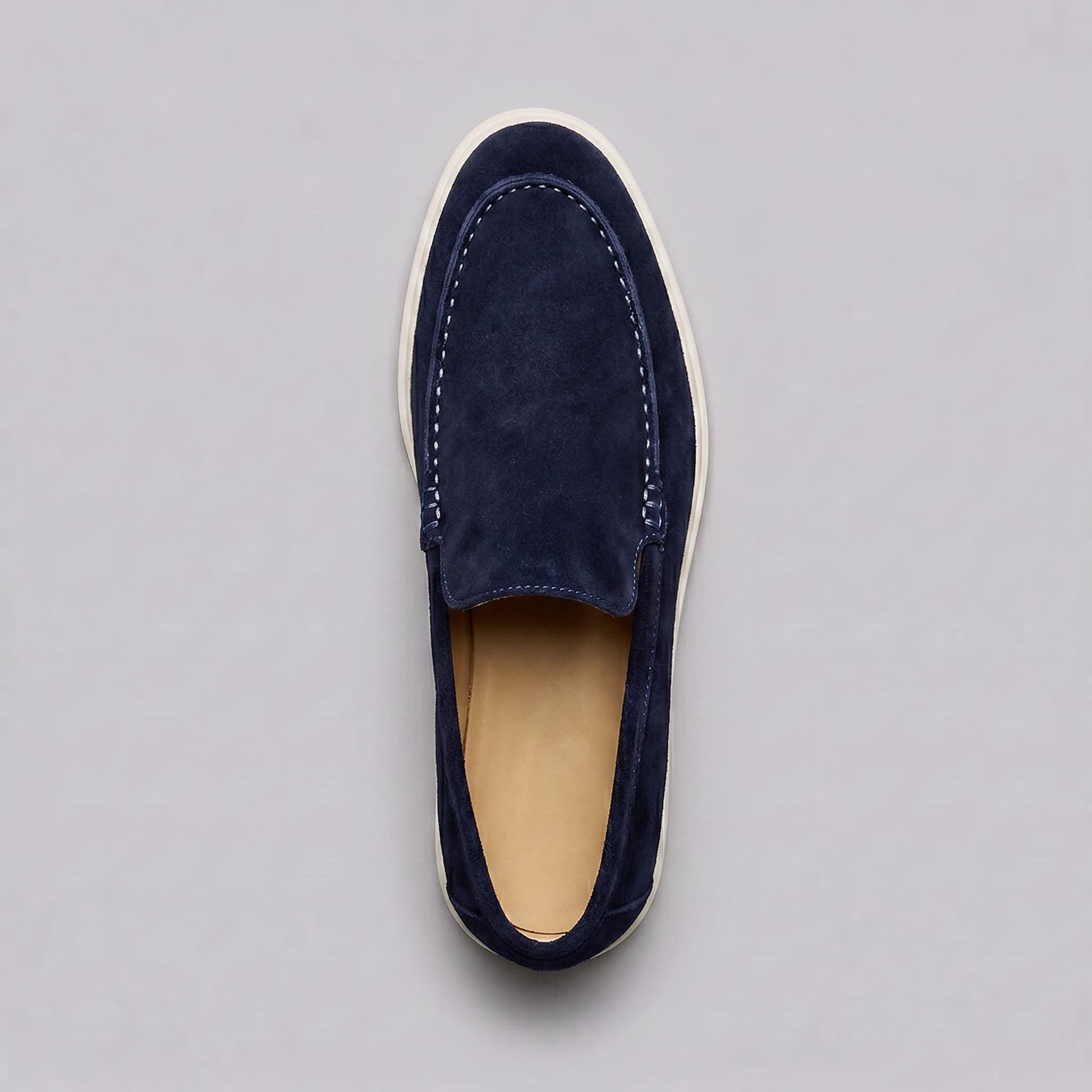 Sheepskin suede loafer with white rubber sole, view 21