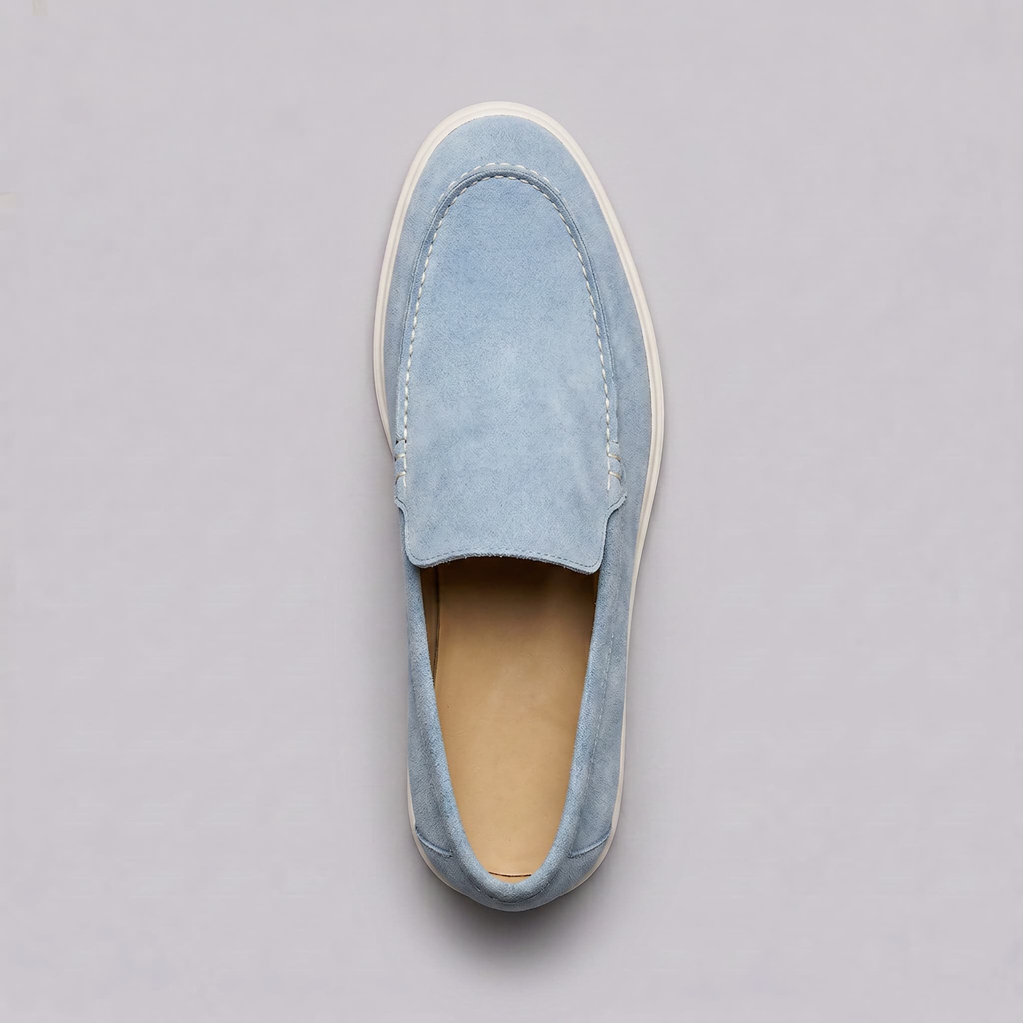 Sheepskin suede loafer with white rubber sole, view 28