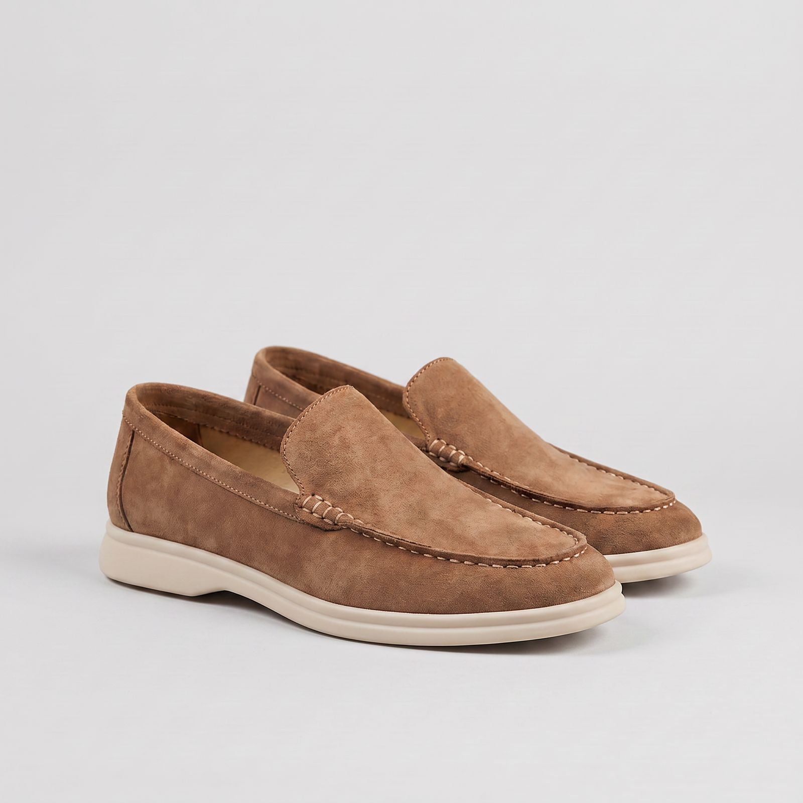 Sheepskin suede loafer with white rubber sole, view 10