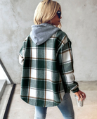 Fall Brushed Plaid Hooded Button Front Shirt Jacket for Women