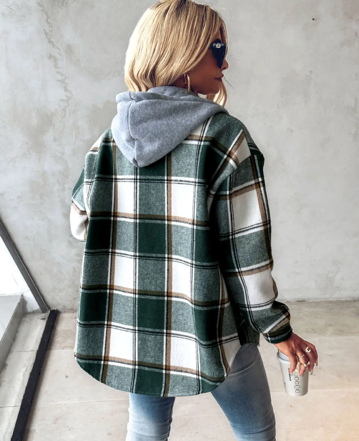 Fall Brushed Plaid Hooded Button Front Shirt Jacket for Women