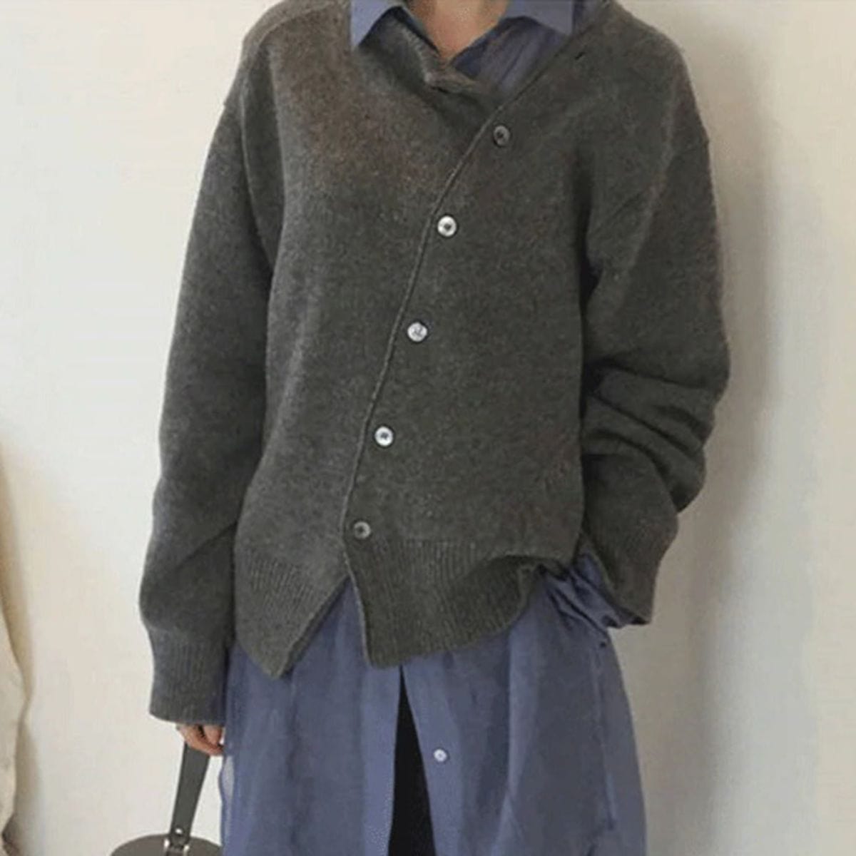 Fall Asymmetric Button Crew Neck Cardigan for Women in Charcoal Gray