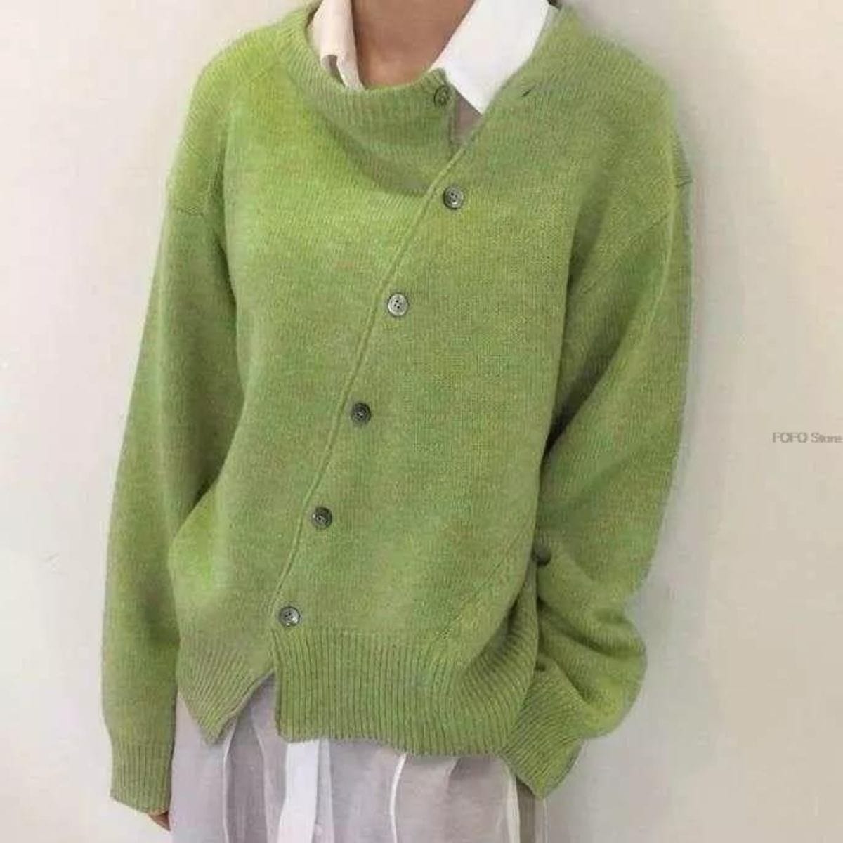 Fall Asymmetric Button Crew Neck Cardigan for Women in Lime Green