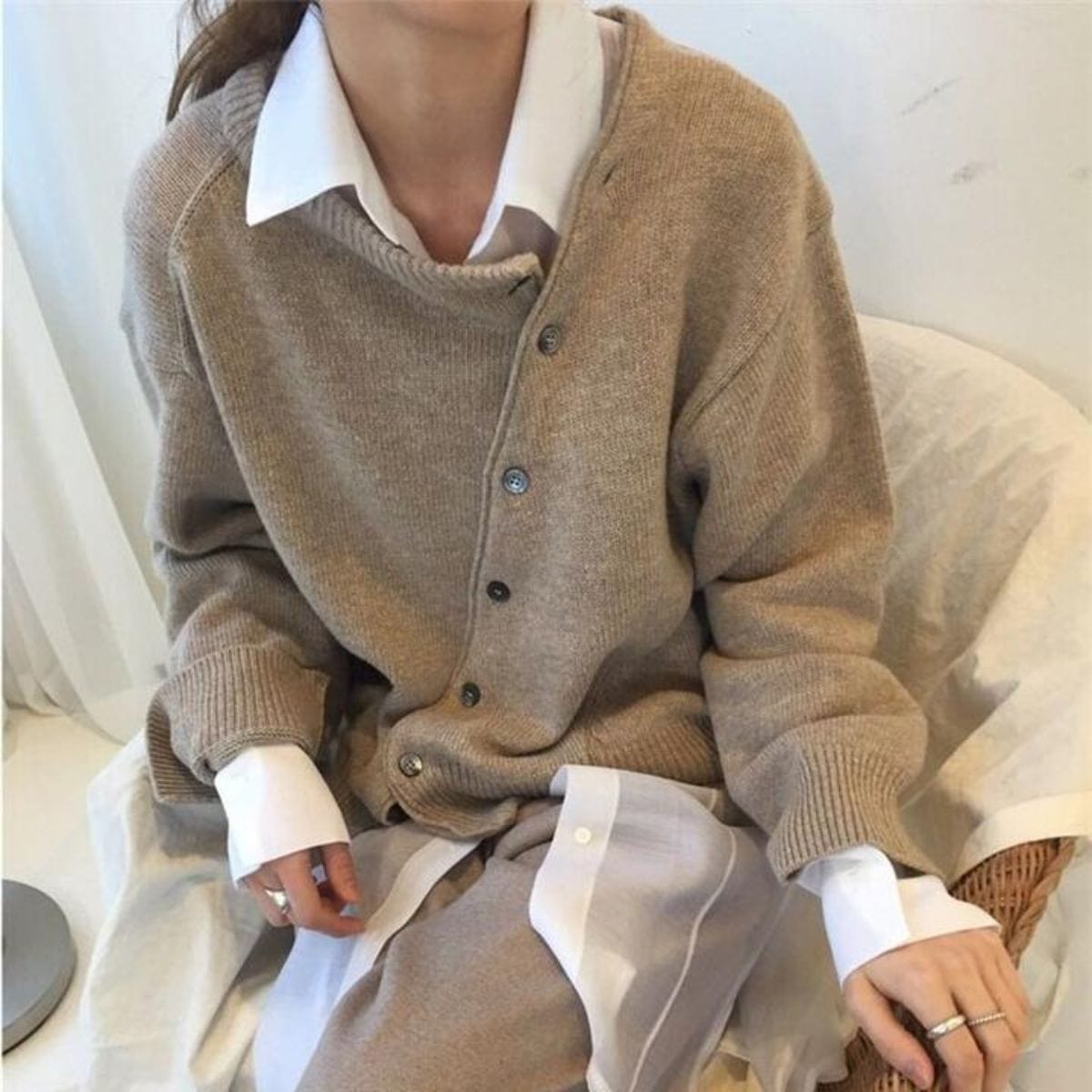 Fall Asymmetric Button Crew Neck Cardigan for Women