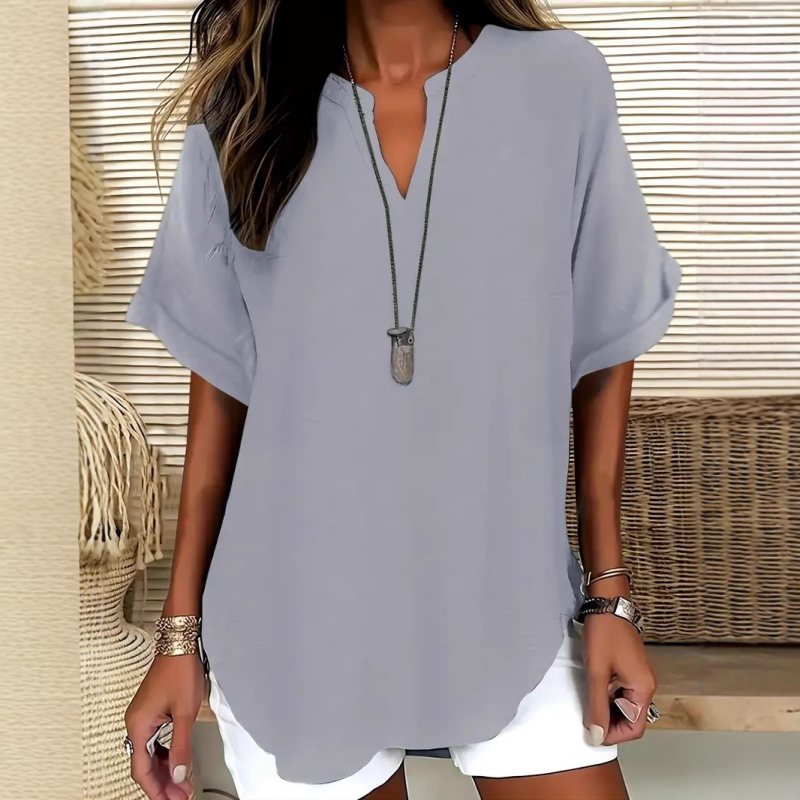 Mid sleeve V-neck everyday blouse in gray