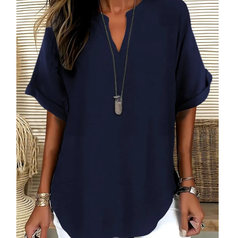Mid sleeve V-neck everyday blouse in navy blue