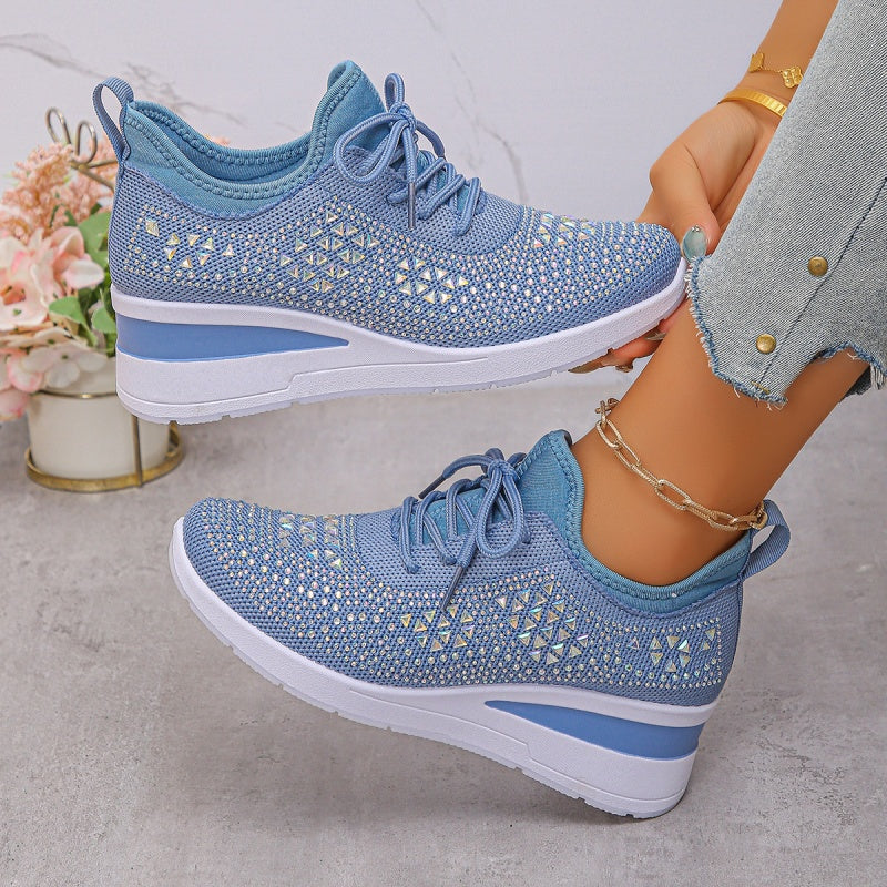 Fall Rhinestone Wedge Orthopedic Style Sneakers for Women in Light Blue