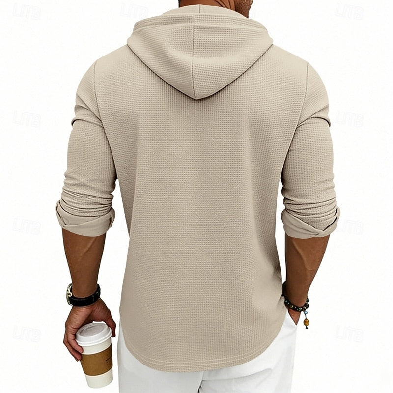Henley Shirt Mens Hooded Long Sleeve Button Placket Relaxed Layer