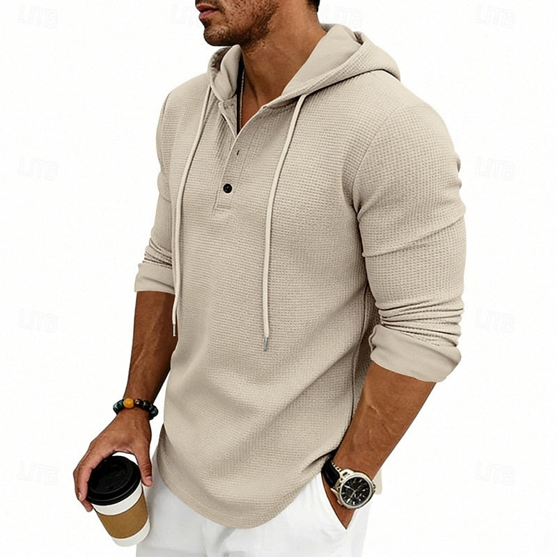 Henley Shirt Mens Hooded Long Sleeve Button Placket Relaxed Layer