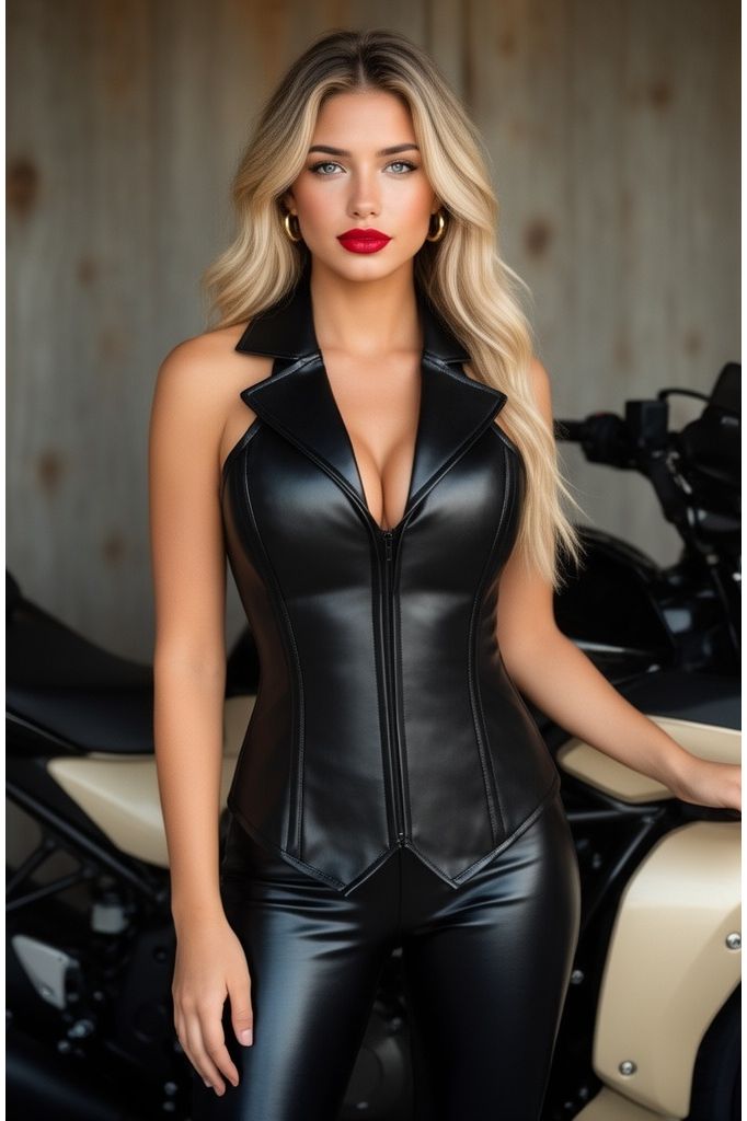 Halloween Faux Leather Collared Halter Steel Boned Corset for Women