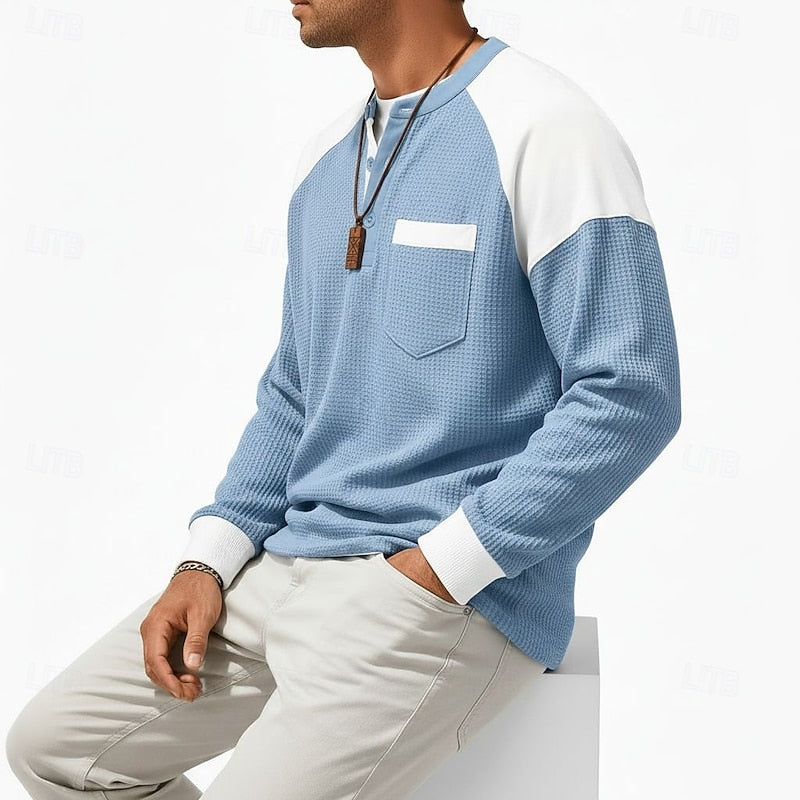 Henley Shirt Mens Colour Block Long Sleeve Button Placket Contrast
