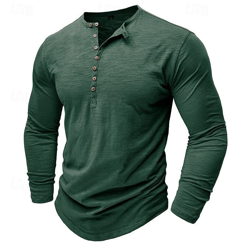 Henley Shirt Mens Long Sleeve Button Placket Cotton Classic Fit