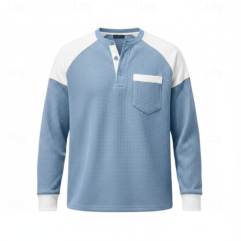 Henley Shirt Mens Colour Block Long Sleeve Button Placket Contrast