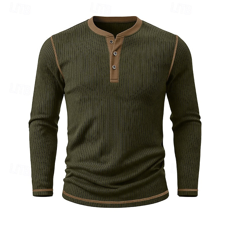 Henley Shirt Mens Ribbed Texture Long Sleeve Placket Soft Jersey