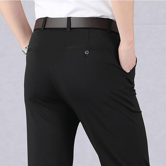Stretch Elastic Waist Flat Front Dress Pants for Men in Black