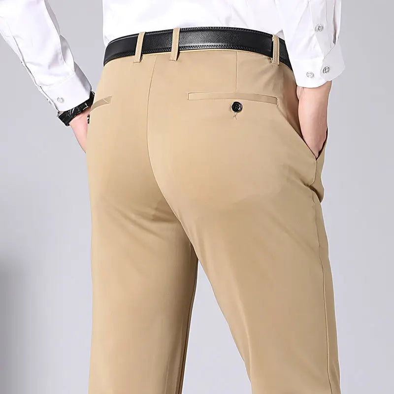 Stretch Elastic Waist Flat Front Dress Pants for Men in Khaki